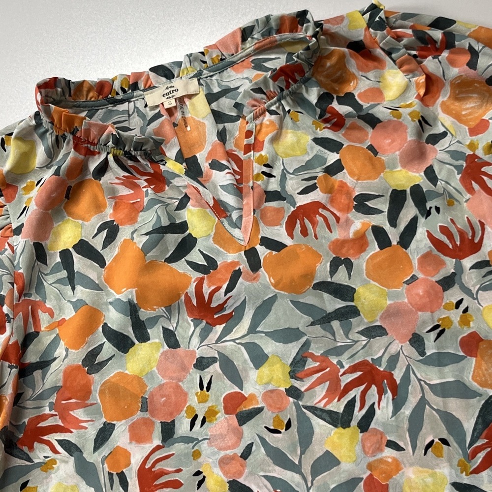 Entro Tropical Floral Smocked Puff Sleeve Blouse Size S Colorful Lightweight Top